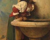 莱昂 博纳特 : Roman Girl at a Fountain by French painter Leon Bonnat